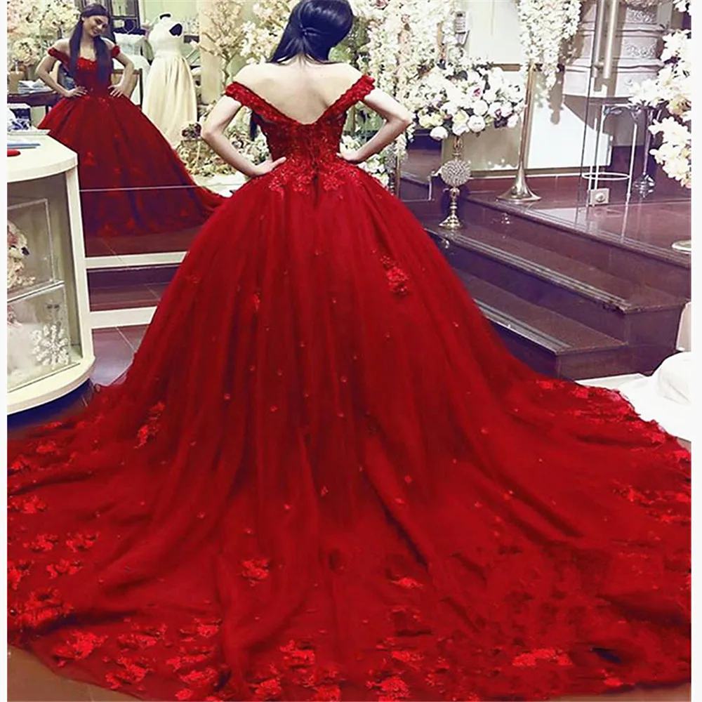 Vestido De Noiva Роскошные Красные Свадебные платья Милая Кружевная аппликация 3D Цветы Свадебные платья Часовня Поезд Свадебные платья