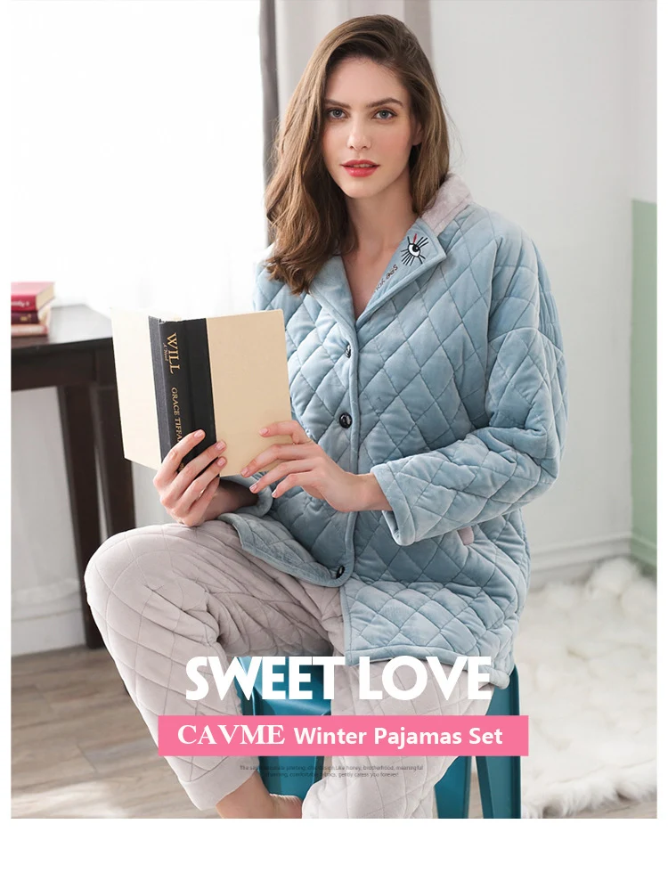 CAVME зимние пижамные комплекты Роскошные Для женщин Femme плотные пижамные брюки 2 шт. дамы отложной воротник Ночная рубашка; одежда для сна