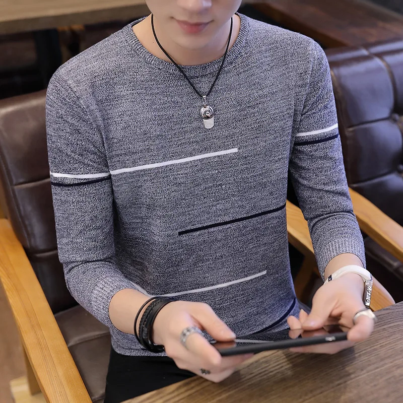 

2019 male thin contrast color stitching sweater line sets the new round collar teenagers fall sweater