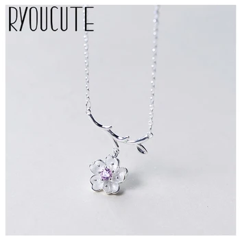 

RYOUCUTE 100% Real Pure Silver Color Jewelry Korean Long Zirconia Flower Necklaces For Women Wedding Kolye Collares