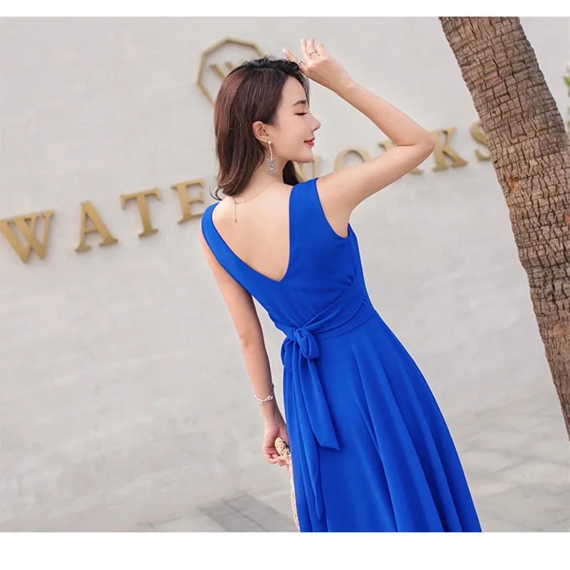 2019 New Summer Beach Dress Women's Fashion Sleeveless V-Beck Red Blue Long Dress Elegant Robes Women's Plus Size 5XL (12)