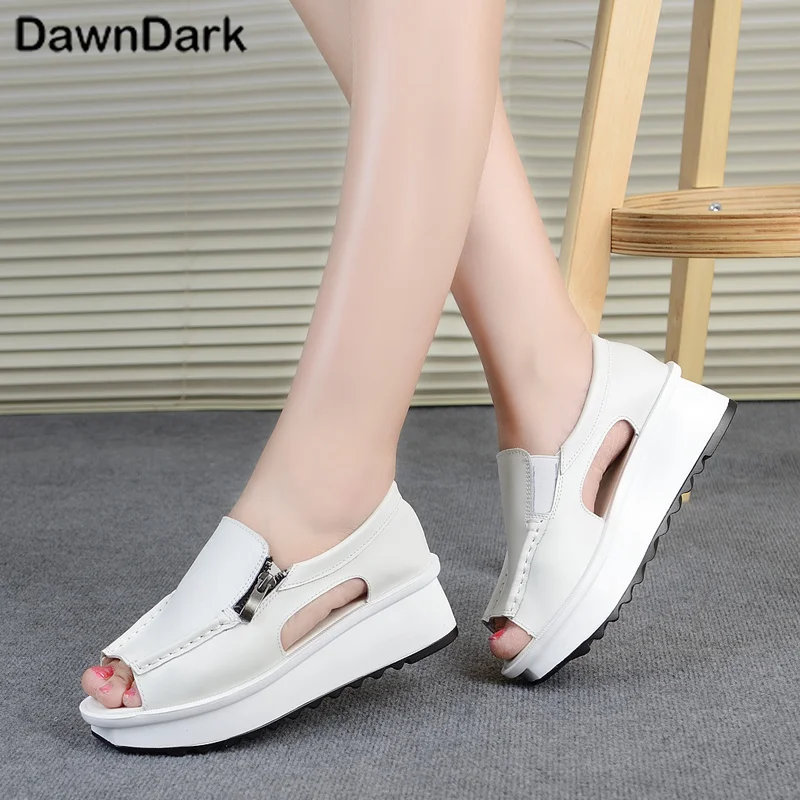 

Women Sandals Spring Autumn Fish Mouth Women Sandals Split Leather Flat Platform Comfortable White Woman Outdoor Footwear