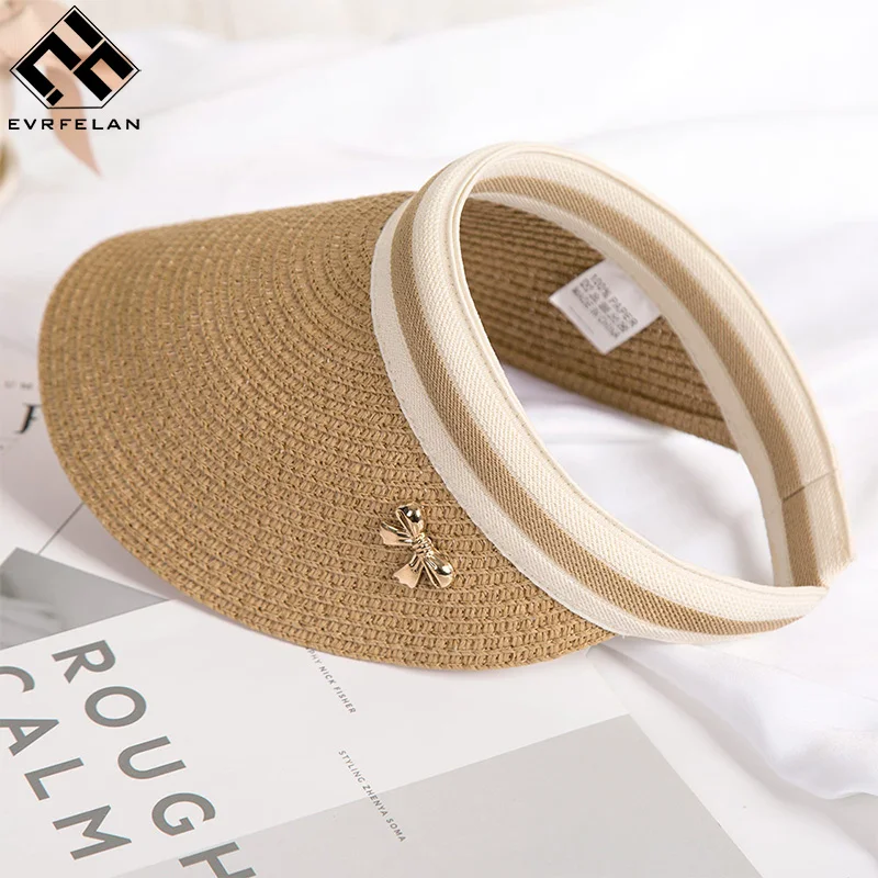 

Evrfelan New Woman's Sun Hats Hand Made Straw Bowknot Visor Caps Summer Cap Casual Shade Hat Empty Top Hat Beach