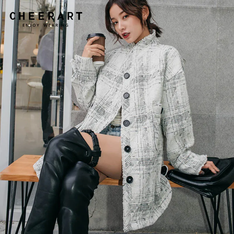 Cheerart Winter Long Wool Coat Women Vintage Plaid Wool Blend Coat White Stand Collar Woolen Outerwear Coat Wool Cape Cloak Cheerart Winter Long Wool Coat Women Vintage Plaid Wool Blend Coat White Stand Collar Woolen Outerwear Coat Wool Cape Cloak