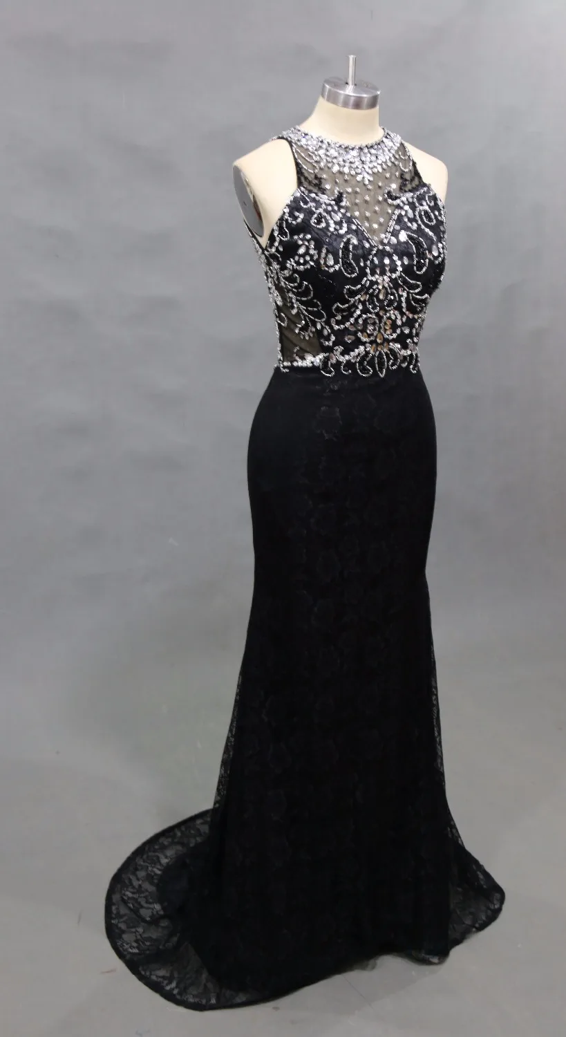 

Linyixun Sexy Black Long Prom Dresses 2017 O Neck A Line Beaded Evening Dresses Sweep Train Sleeveless Prom Gown Custom Made