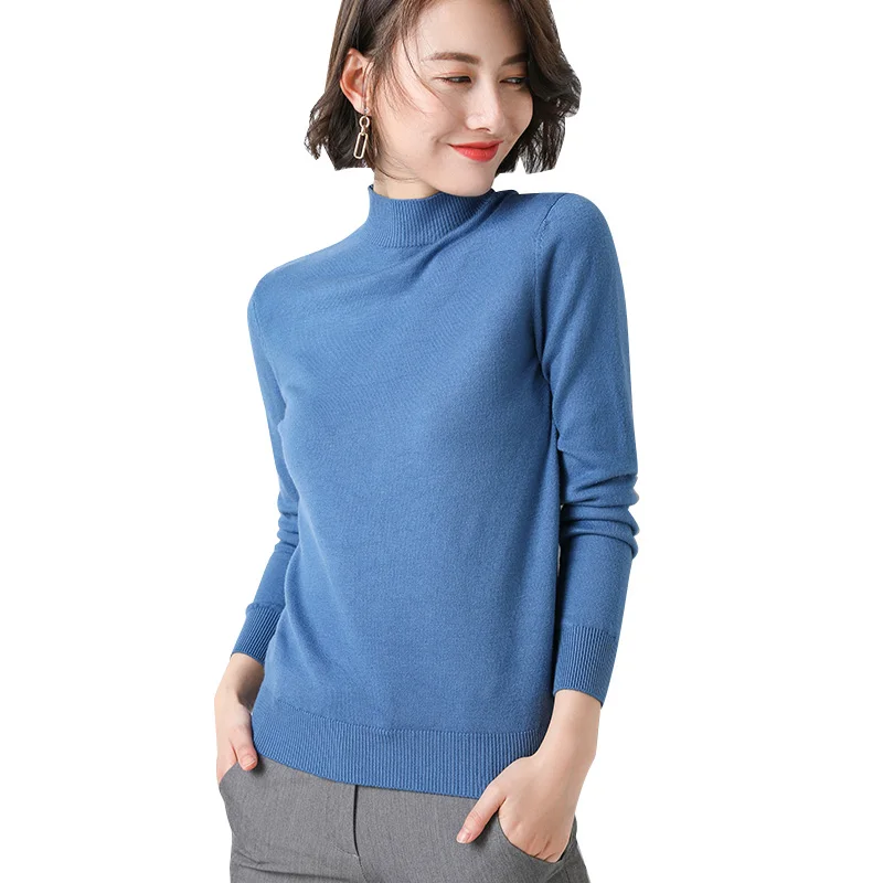 

2018 autumn and winter new women's half-high collar sweater short paragraph slim cashmere sweater solid color base sweater