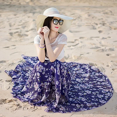 Горячая Новая модная эластичная талия Повседневная шифоновая юбка летняя богемная Цветочная печать пляжная Макси Цветочная длинная юбка для женщин - Цвет: purple flower