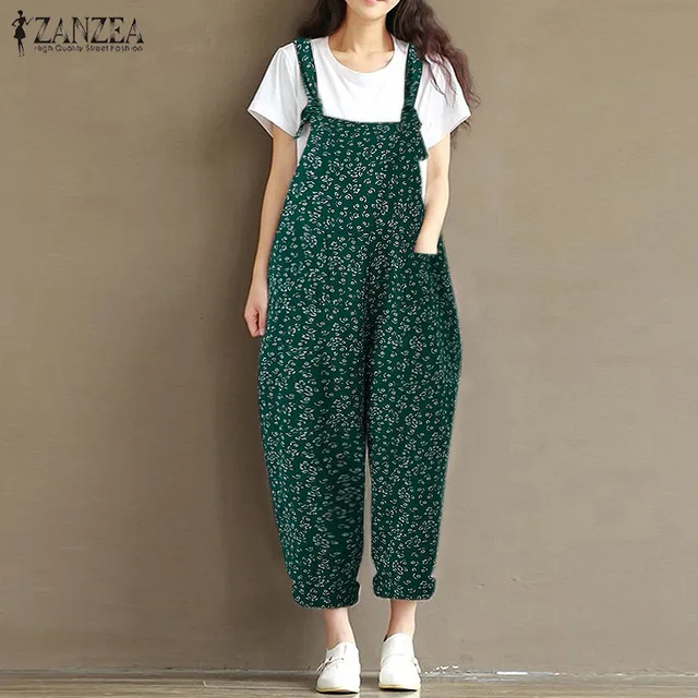 L-5XL ZANZEA Women Oversized Strappy Jumpsuit Casual Long Romper Ladies Floral Print Loose Suspender Overalls Dungaree Bib Pants