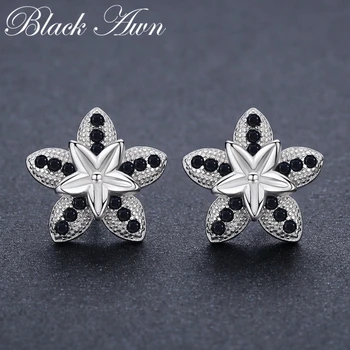 

100% Genuine 2.8g 925 Sterling Silver Jewelry Black Spinel Stone Star Cute Party Stud Earrings for Women Bijoux Femme I002