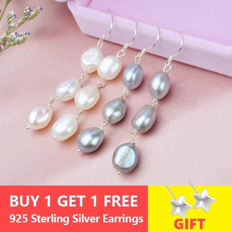 

ASHIQI Natural Long Baroque Pearl Earrings For Women 8-9mm White Gray Handmade 925 Sterling Silver Jewelry Party Gift