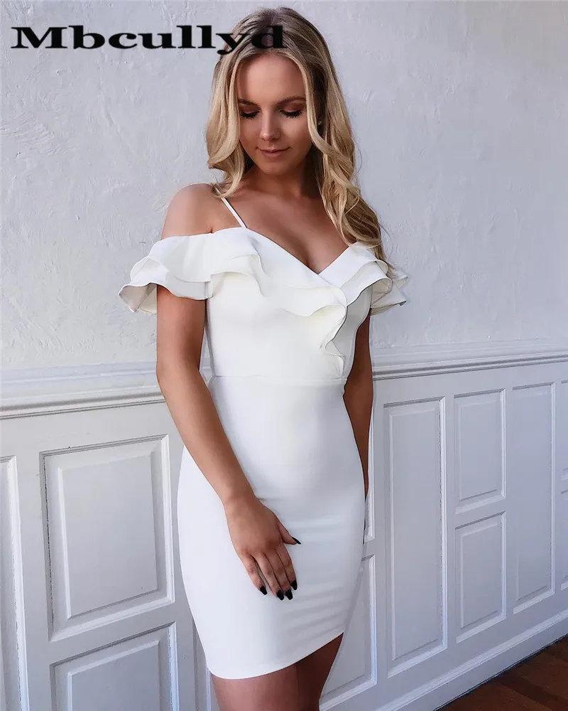 Mbcully White Mermaid Short Mini Prom Dresses 2020 With Sexy V-neck Spaghetti Staps Homecoming Party Gowns Cheap Custom Made | Свадьбы и