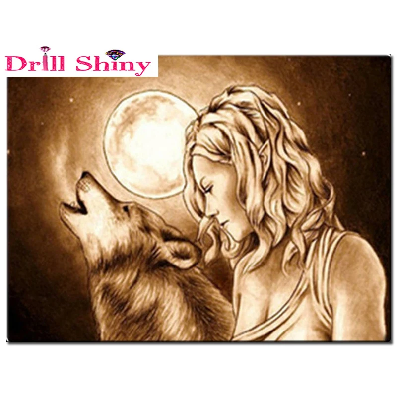 

DIY Diamond Embroidery woman with wolf pattern Mosaic Pasted painting Full Diamond Painting Cross Stitch Living Room Decoration