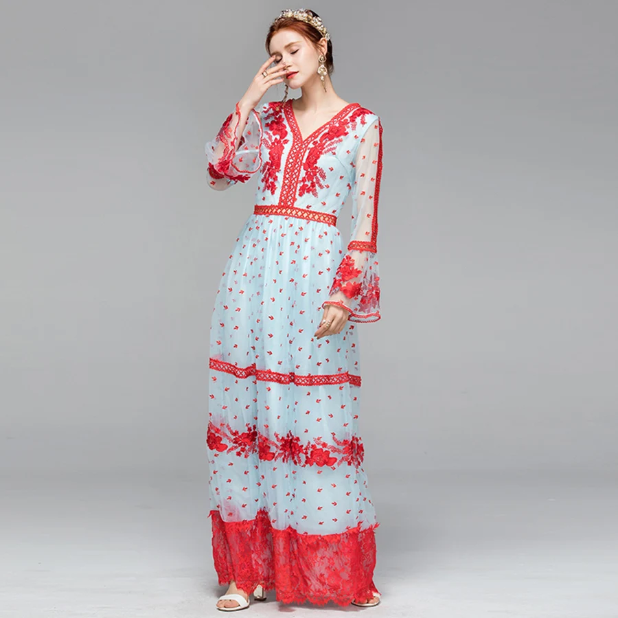 Элитная одежда Летняя мода для подиума Для женщин полный рукав красный/синий цветок вышивка в виде, из кусков, v-образный вырез, длинное платье