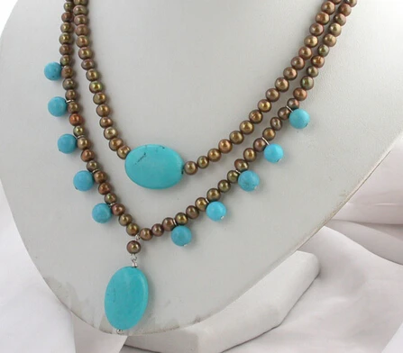 

ddh003484 beautiful 2strands 7mm coffee round pearl blue Turquoise necklace