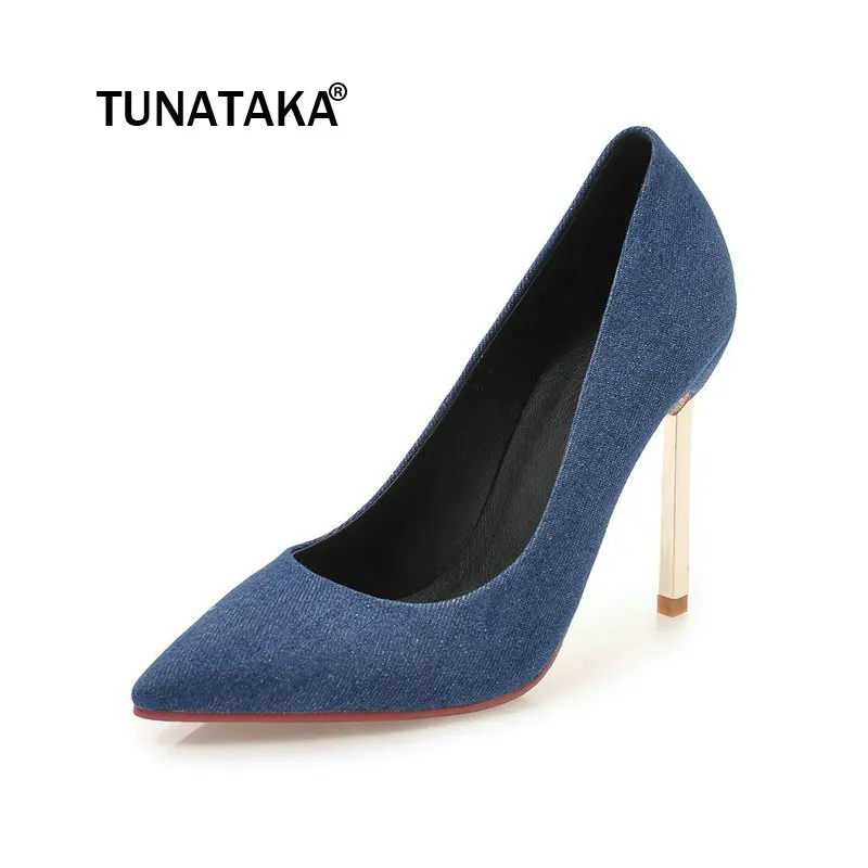 

For Women's Fashion Denim Slip On Lazy Shoes Sexy Thin High Heel Dress Women Pumps Blue Dark Blue