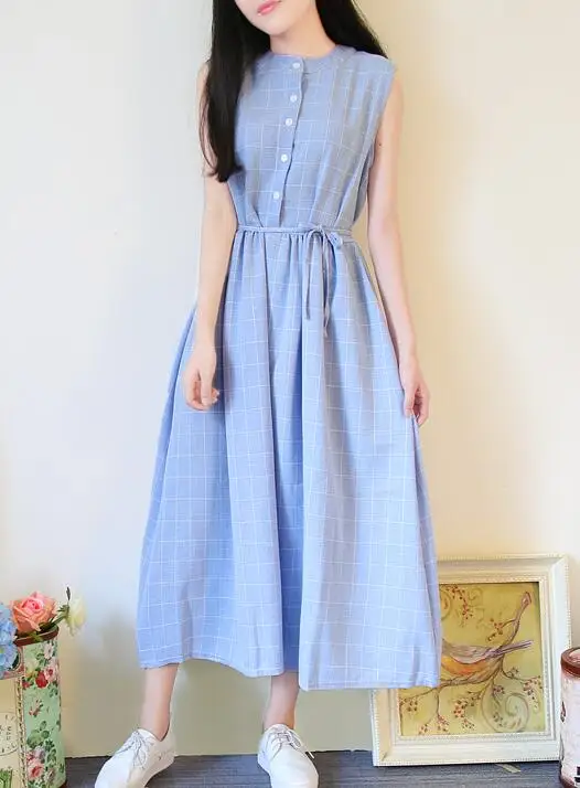 

High quality 2018 Summer New Arrival Sweet Students Style Round Collar Sleeveless Pliad Woman Cotton Long Dress