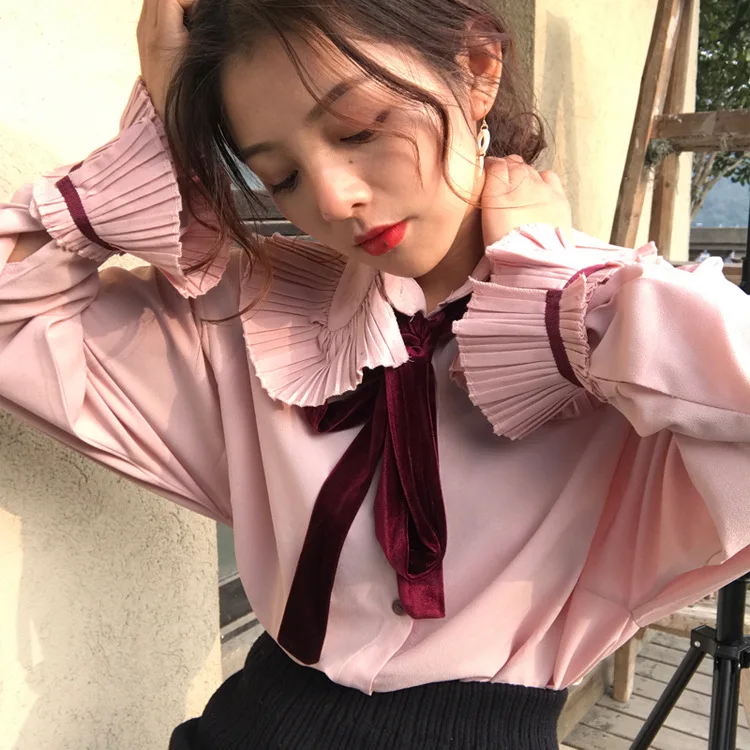 

temperament New autumn Women's Clothing fashion Pleated turn-down collar ruffles flare sleeve tie bow full chic chiffon blouse
