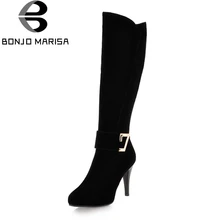 BONJOMARISA/ г. Высококачественные сапоги до колена с металлическим украшением, большие размеры 33-43 модная женская обувь на высоком каблуке