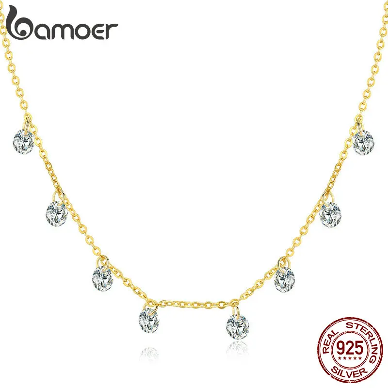 BAMOER Real 925 Sterling Silver Dazzling Cubic Zircon Round Circle CZ Pendant Necklaces for Women Sterling Silver Jewelry SCN299
