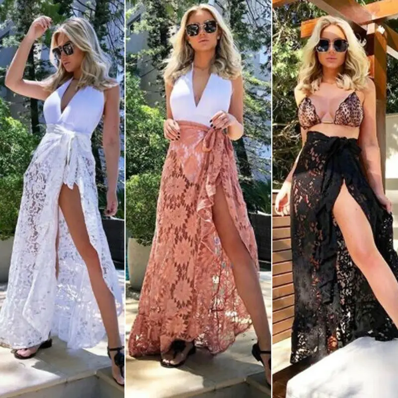 

Women Bikini Cover Up Swimwear Sheer Lace Long Beach Maxi Wrap Skirts Sarong Summer Split Skirt Cover-Ups Black White Pink
