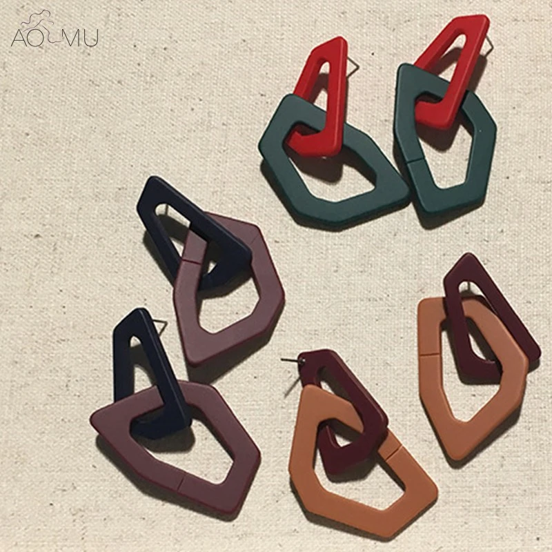 

AOMU Design 2018 New Green Red Hit Color Irregular Trapezoidal Long Drop Earrings Acetate Plate Geometric Acrylic Tassel Earring