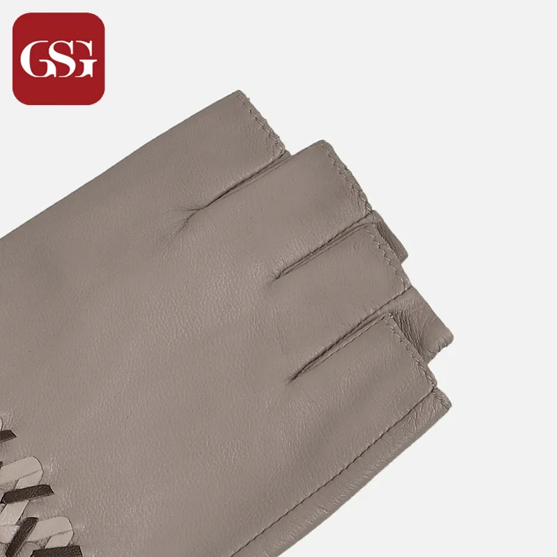 GSG перчатки из овечьей кожи без пальцев, женские тканые модные перчатки ручной работы, серые, черные, коричневые женские перчатки для вождения на полпальца