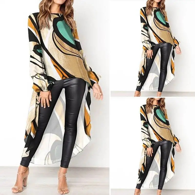  VONDA Women Blouse Casual Patchwork Printed Shirts 2019 Bohemian Long Shirt Lantern Sleeve Tops Irr