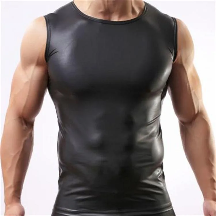 Mens Wet Look Snug Fit Sleeveless T-shirt Undershirt Wet Look Top Vest Muscle Body Build Macho Play Club Wear Fetish Costume