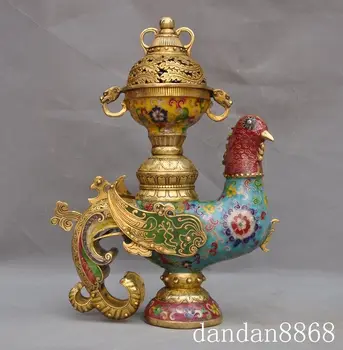 

Crafts statue old Noble bronze Cloisonne gilt god bird Fenghuang Incense Burner Censer halloween