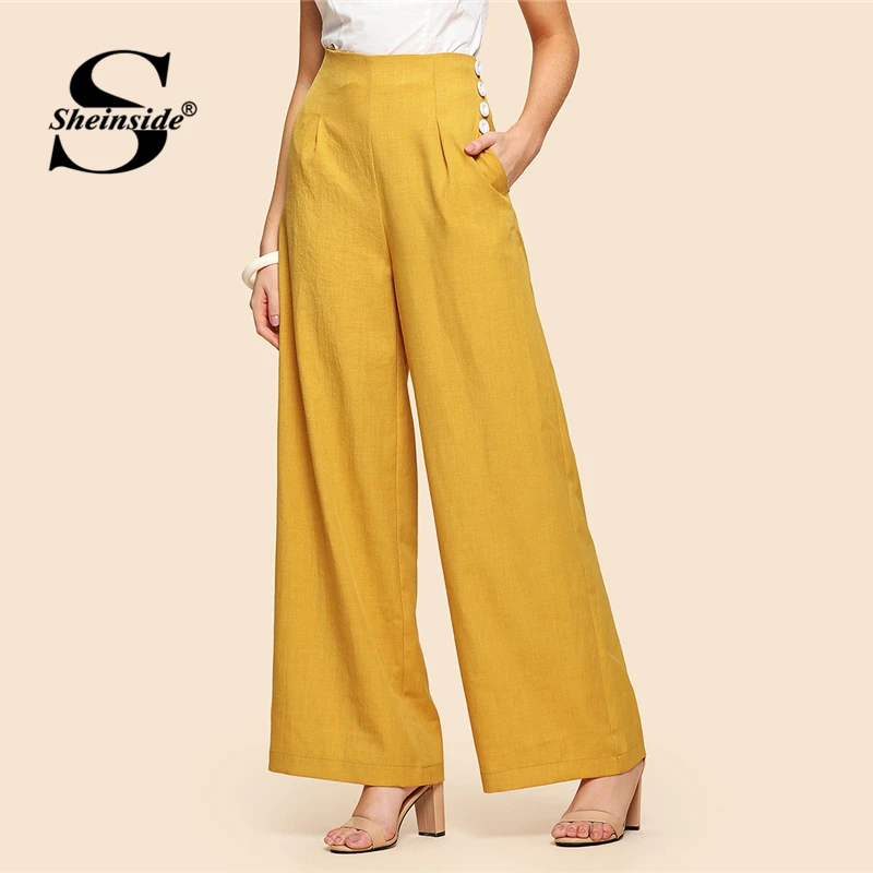 Sheinside Yellow High Waist Wide Leg Pants Office Ladies Workwear Button Detail Pockets Solid Trousers Women Elegant Loose Pants