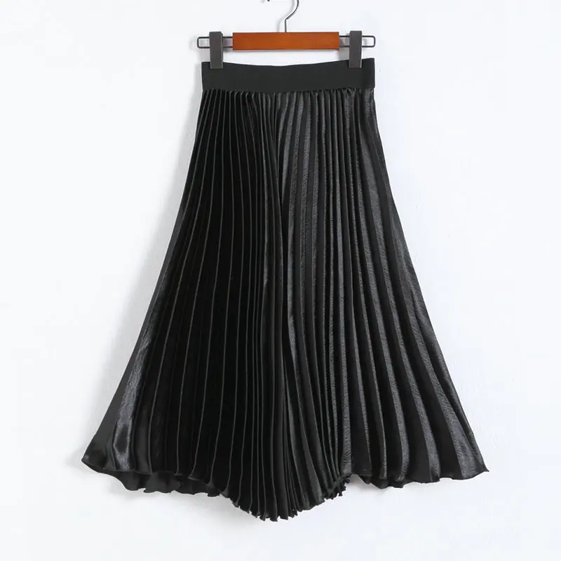 Colysmo, винтажные юбки с высокой талией, Женская плиссированная юбка, металлическая летняя юбка, розовое повседневное атласное шелковое платье миди, длинная юбка миди - Цвет: Black