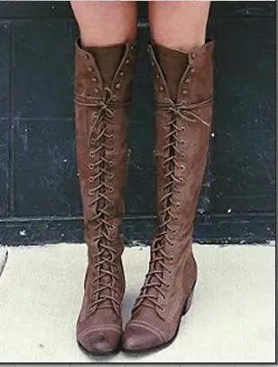 Пикантные женские высокие ковбойские сапоги на высоком каблуке; сезон весна-осень; сапоги с заклепками на шнуровке; Сапоги выше колена на квадратном каблуке в байкерском стиле - Цвет: brown