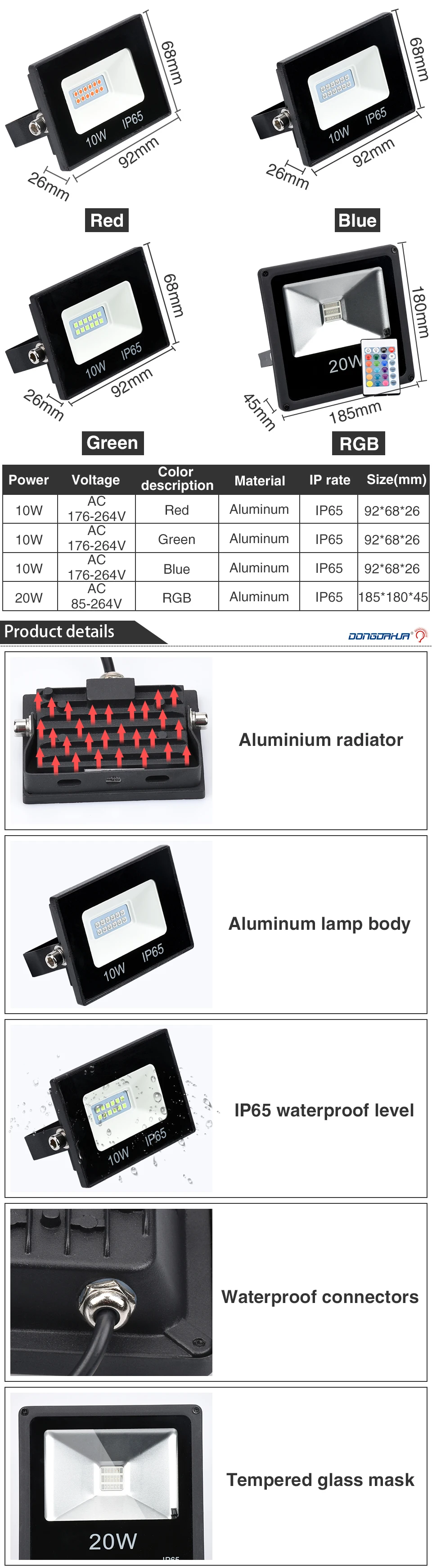 1 шт ультра яркие красные/зеленые/10 Вт, 20 Вт, цветная(RGB)/R/G/B AC220V 110 V Светодиодный прожектор Водонепроницаемый IP65 Светодиодный отражатель светодиодный прожектор Наружное освещение