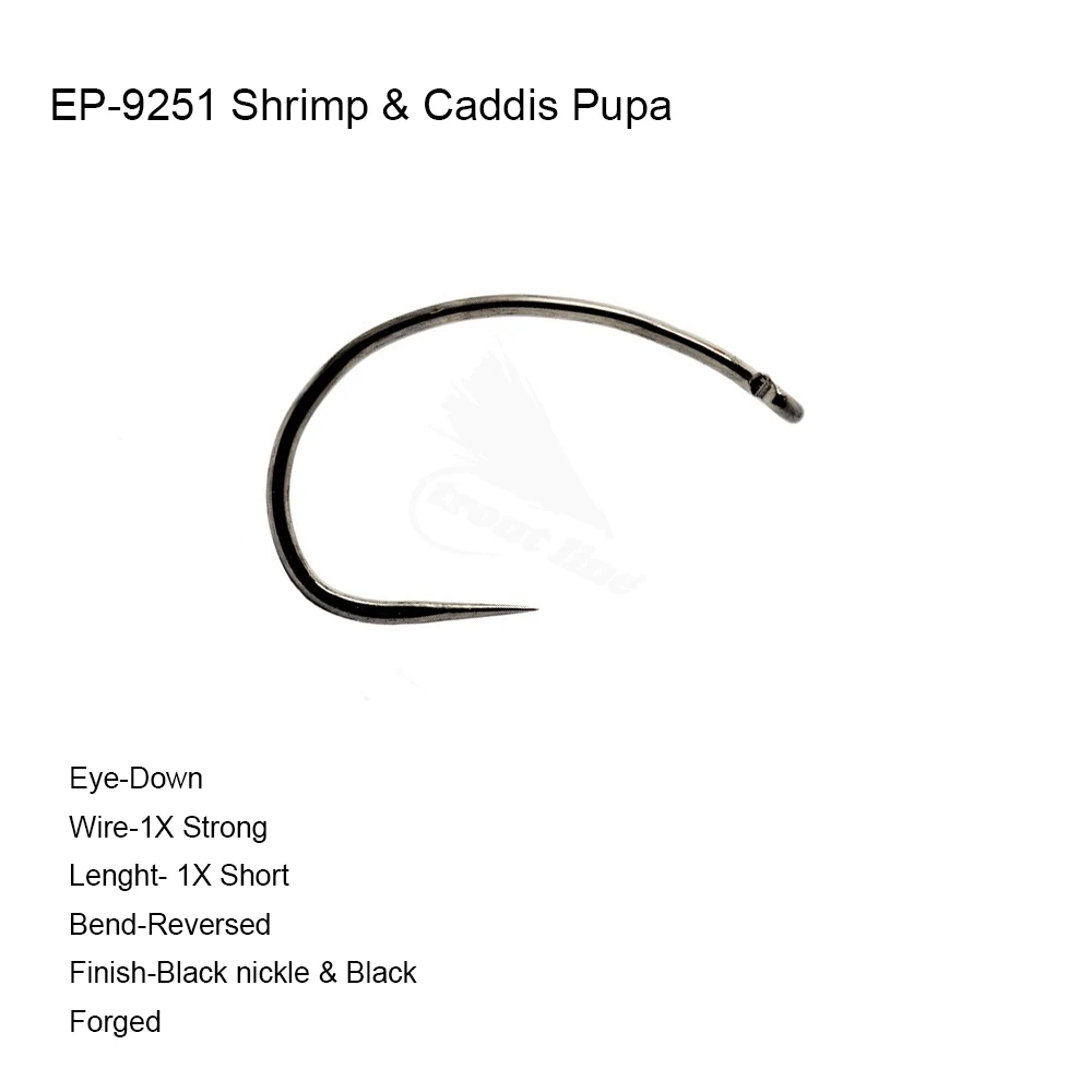 

Eupheng Plus 25pcs 50pcs EP-9251 Shrimp Caddis Pupa Competition Barbless Fly Tying Hooks Nymph Black Nickle Similar to TMC2457