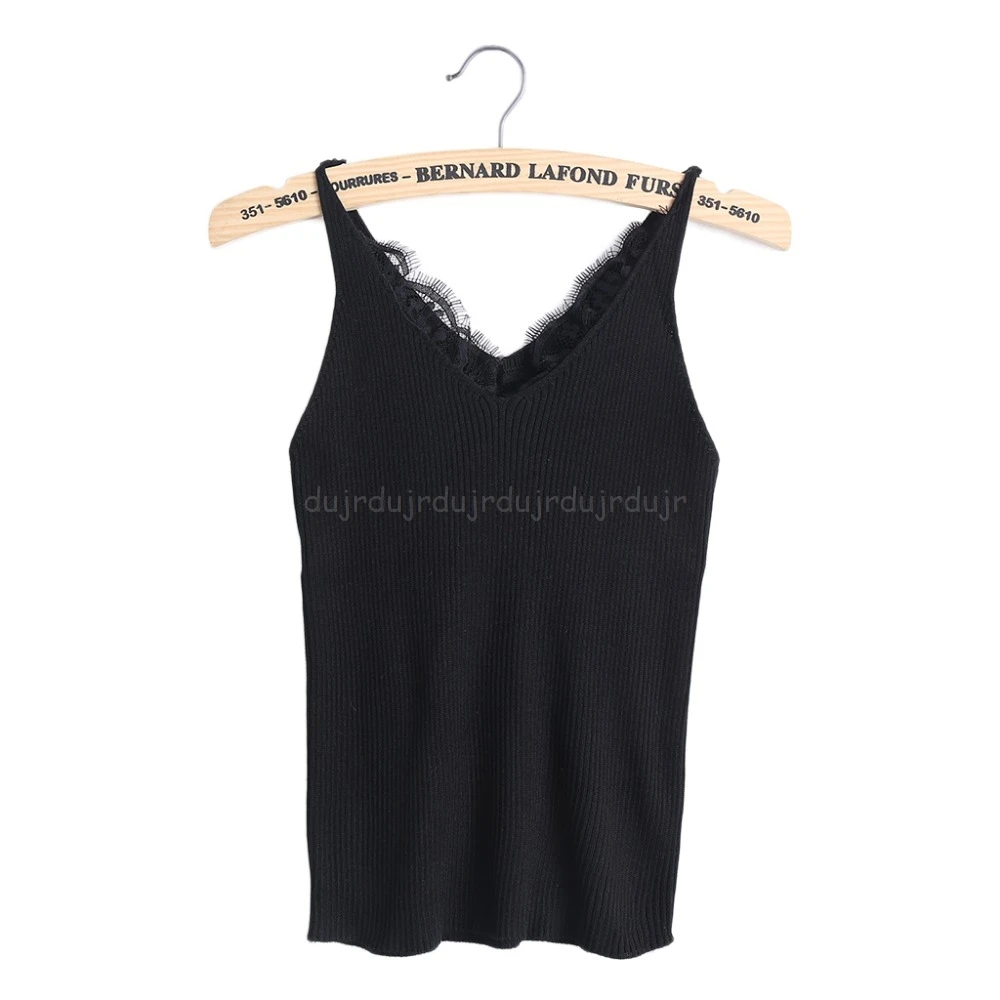 

Sexy Women Plain Camisole Lace Splicing Double V-neck Vest Slim Sling Tank Tops N20 dropship
