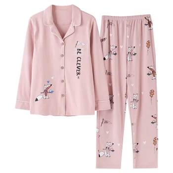 

Pajamas Sets Spring Autumn Pink Cartoon Fox Women Long Sleeve Sleepwear Suit Home Women Gift Female Sleepwear Pijama Mujer Femme