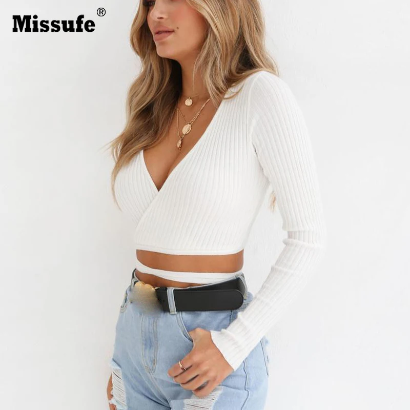 Missufe Deep V Neck Cropped Tops Long Sleeve Wrap Bandage Female Autumn Women Blouses Slim Sexy Knitted Blouse Shirts 2018 Blusa