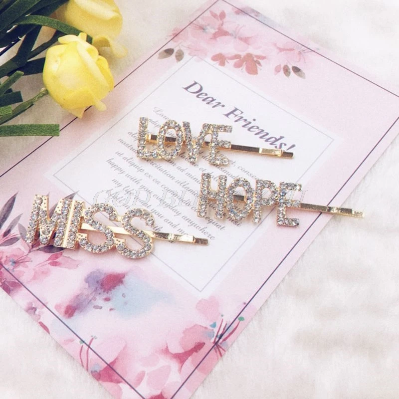 Women Girls Novelty Hollow Out Letters Hair Clip Luxury Shimmer Rhinestone One Word Hairpins Night Club Party Styling Barrettes