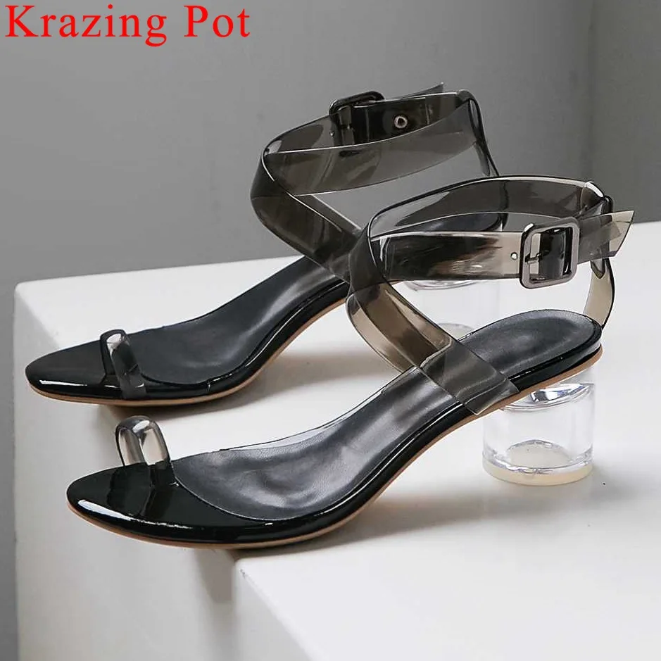 

Krazing Pot new arrival pvc material women sandals vintage flip-flop plus size chunky med heels buckle strap dating shoes L14