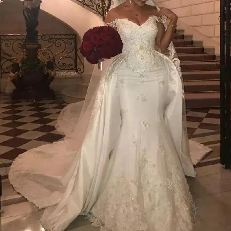 2019 Lebanon Wedding Dresses With Detachable Train Beaded Lace Applique Off Shoulder Mermaid