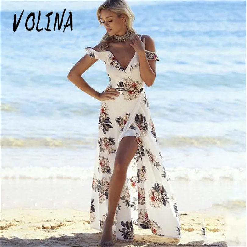 VOLINA женщины summer long beach dress sexy v шеи цветочные печатные шифон boho 2017 сплит дамы maxi