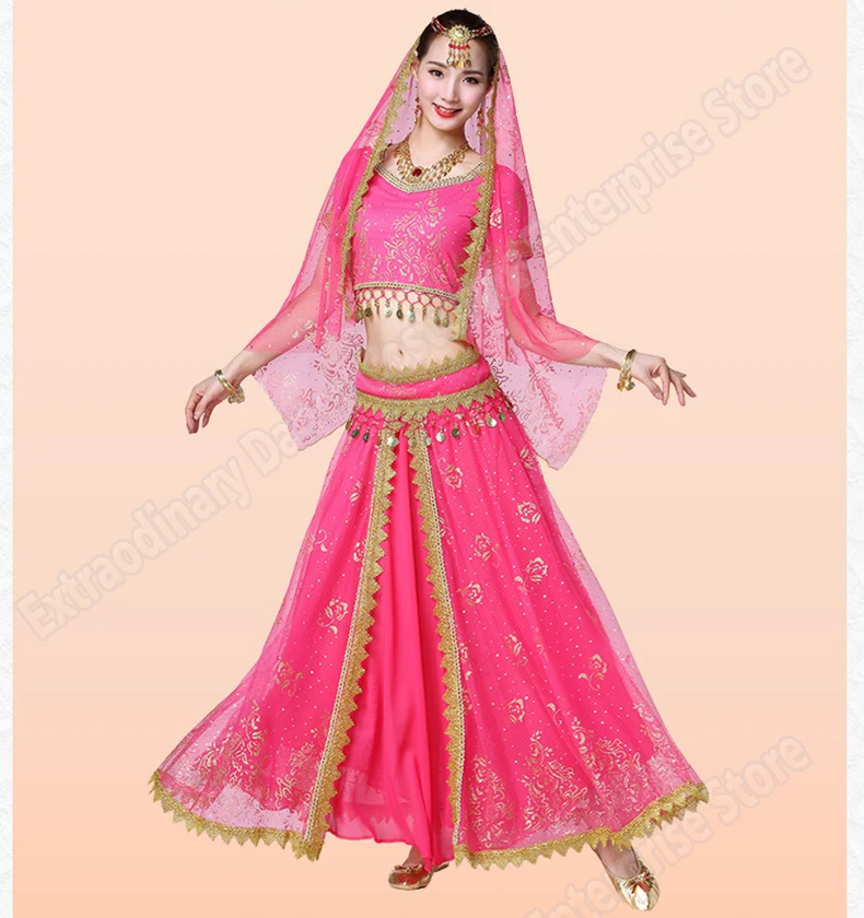 Женский индийский набор костюма для танца живота танец сари наряд Болливуд сценическое представление шифон Топ пояс юбка для танца живота