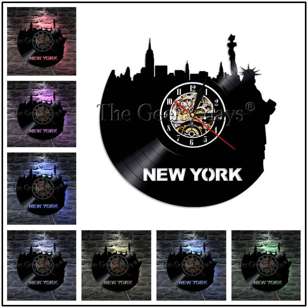 1 шт Нью-Йорк Статуя Свободы силуэт настенный светильник Виниловая пластинка настенные часы городской пейзаж Декор дома ночь лампа