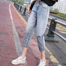 Винтажные шикарные джинсы с дырками для мальчиков женские джинсы деним брюки джинсы с высокой талией ретро модные прямые джинсы Femme брюки J354