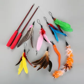 

Funny Cat / Kitten Pet Teaser Feather Wire Chaser Pet Toy Wand Beads Play 8 replacement heads + 2 pole