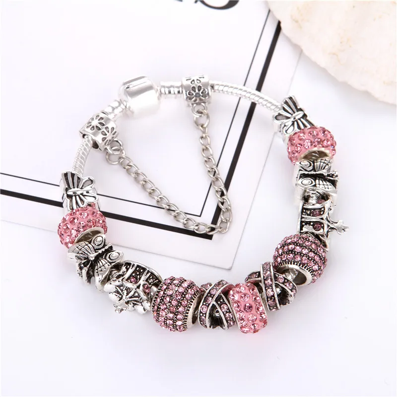 

European Style Vintage Silver plated Pink Crystal Rhinestone Charm Fashion Elegant Pandora Bracelet For Women/Gril gift jewelry