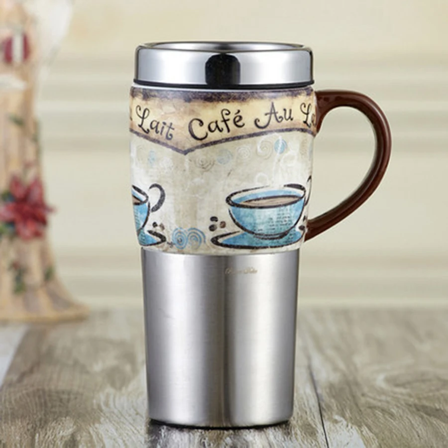 

Creative Stainless Steel Car Ceramic Cover Large Cute Tea Cup Sublimated Coffee Mug Presente Criativo Home Decoration 50N4003