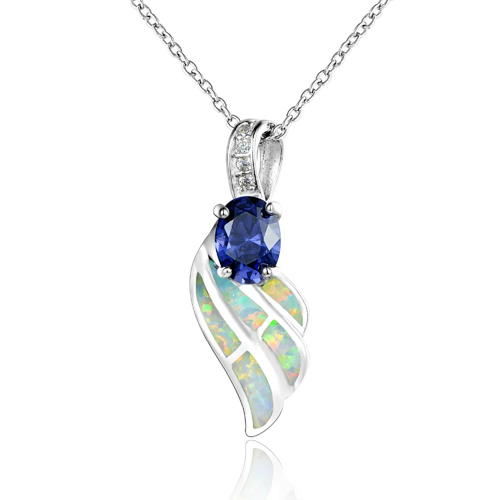 

DORMITH 925 sterling silver necklace synthesis blue/white opal and cubic zirconia Wing pendants necklace rhodium plating jewelry