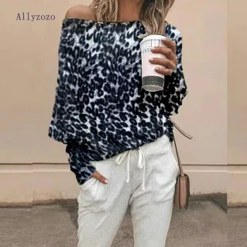 

Allyzozo Leopard Print Off Shoulder Pullovers Sweater Tops Fashion Plus Size 3XL Batwing Sleeve Tops T shirts Clothing