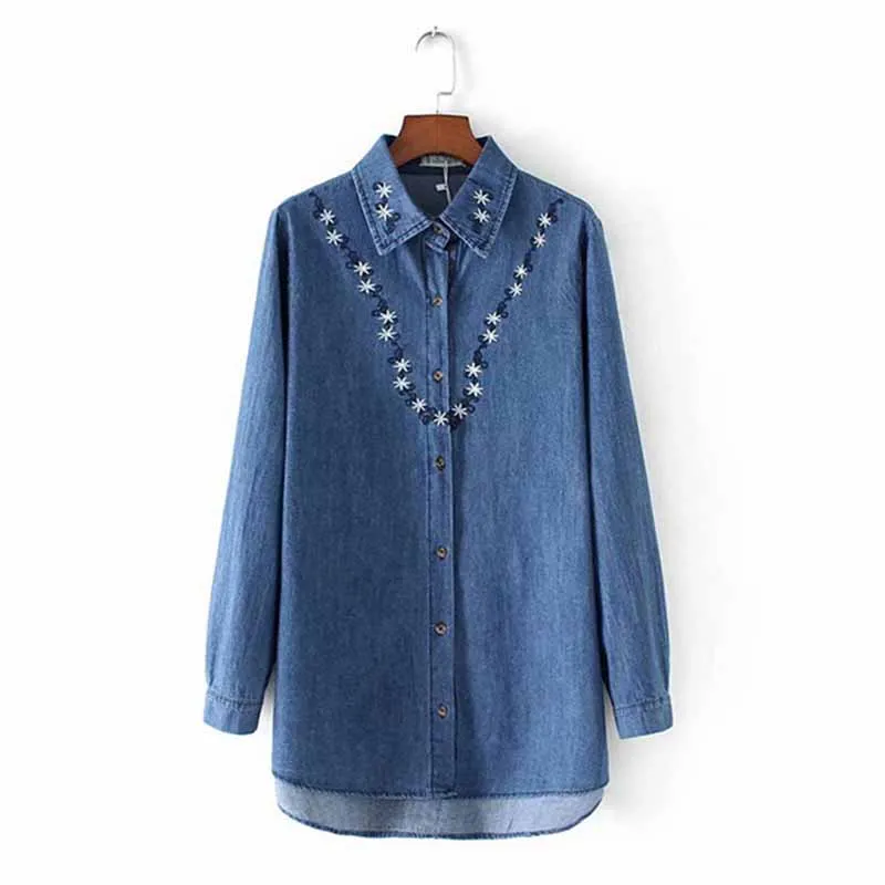 Fashion Women Long sleeve Blouse Embroidered Denim Shirt Tops Female Single-breasted Casual Jeans Shirts Medium length G86 | Женская
